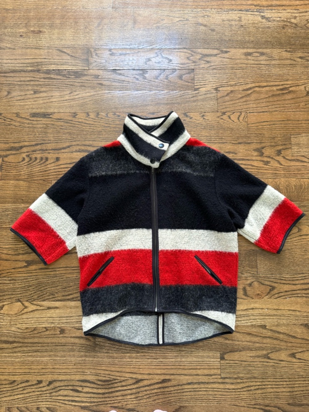 Barneys New York Wool Blend Stripe Jacket Size 8 Red Black Ivory Zip Front